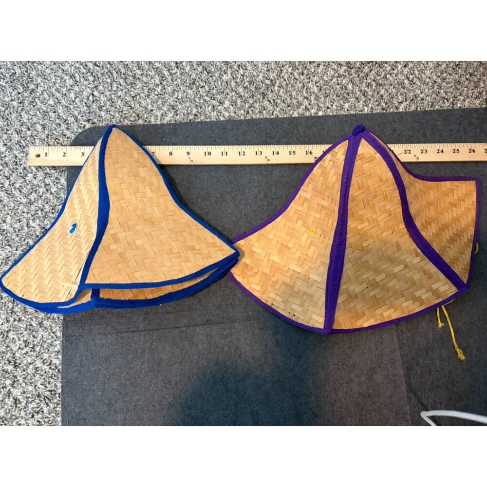 vtg pair of asian style woven bamboo folding sun hat